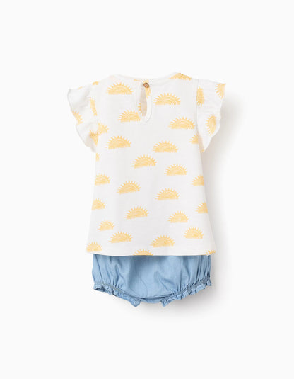 T-shirt + Cotton Shorts for Baby Girls 'Sun', White/Blue