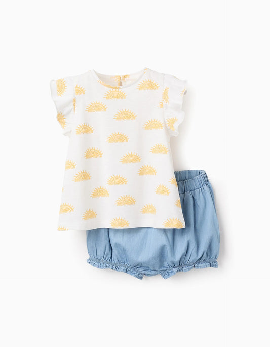 T-shirt + Cotton Shorts for Baby Girls 'Sun', White/Blue
