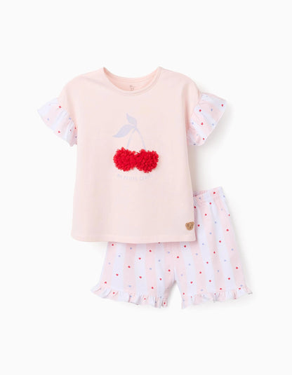 Cotton Pyjama with Ruffles and Motif for Girls, Pink/White