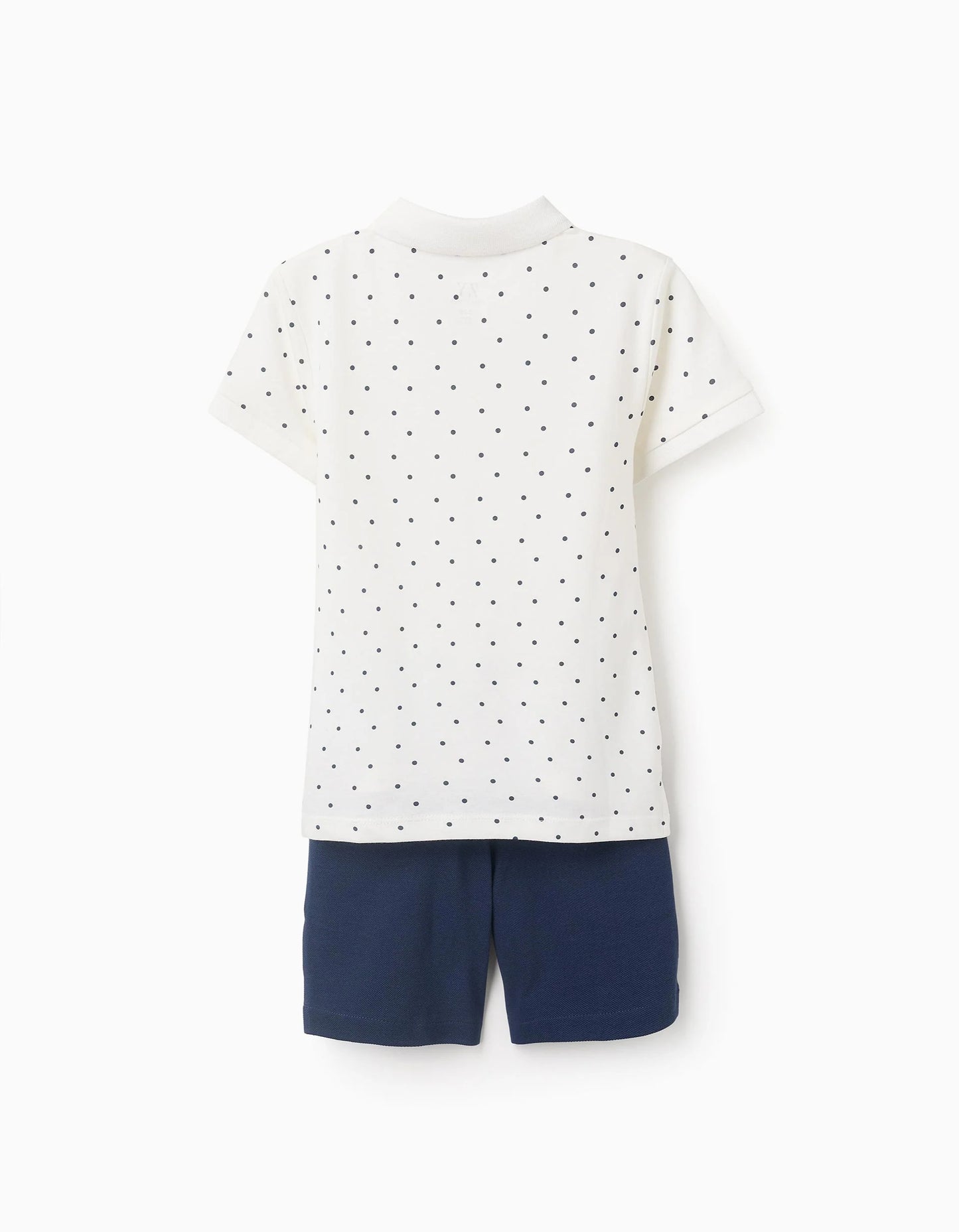 Polka Dot Polo Shirt + Shorts for Boys, White/Navy Blue