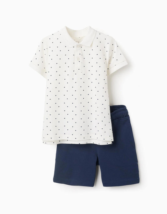 Polka Dot Polo Shirt + Shorts for Boys, White/Navy Blue