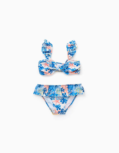 Printed Bikini with Ruffles and Bow for Girls, Blue