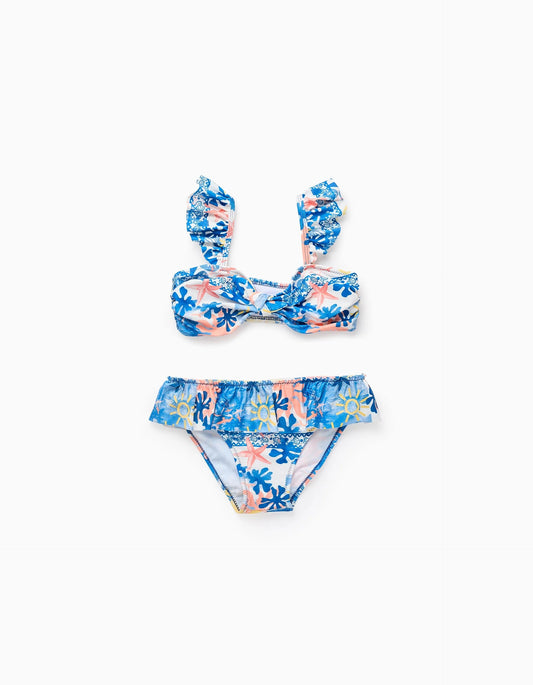Printed Bikini with Ruffles and Bow for Girls, Blue