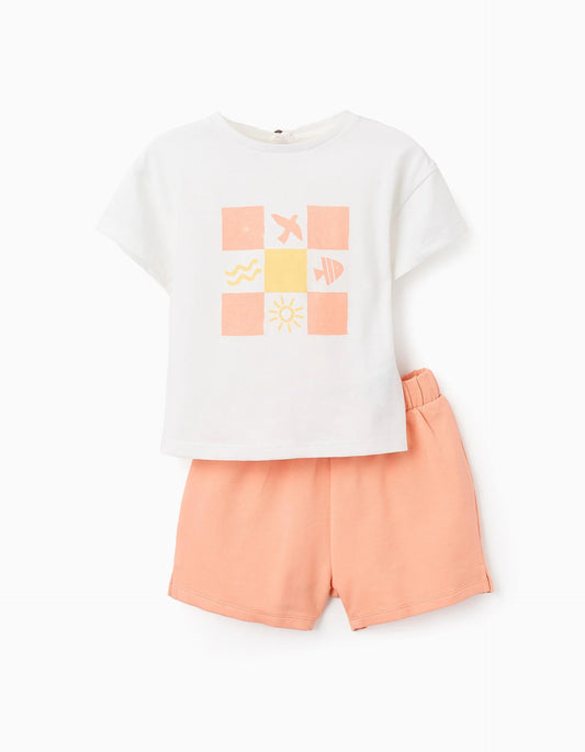 T-shirt + Shorts for Baby Girls 'Summer', White/Coral