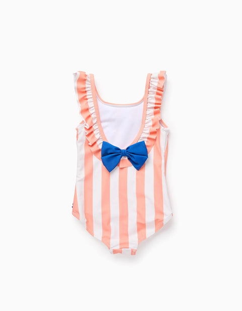 Striped Swimsuit with 3D Shells for Baby Girls, Orange/White