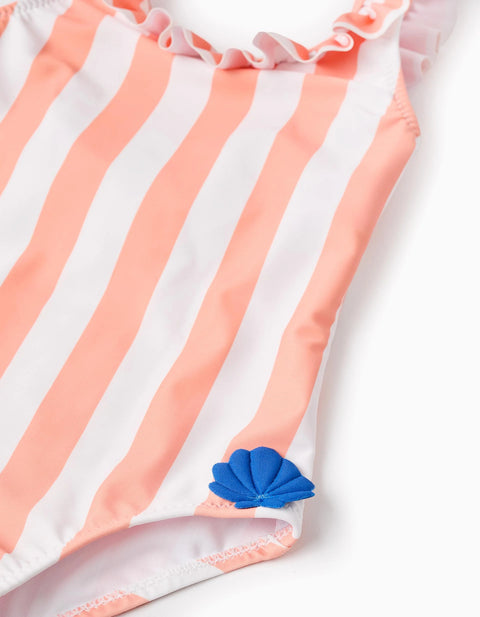 Striped Swimsuit with 3D Shells for Baby Girls, Orange/White