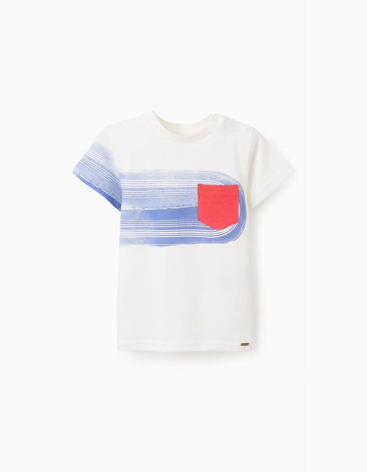 Cotton T-shirt with Contrast Pocket for Baby Boys, White