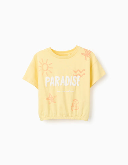 Cotton T-shirt with Elastic Hem for Girls 'Paradise', Yellow