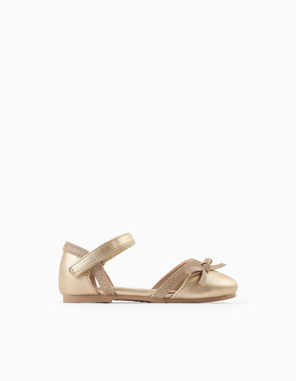 Glitter Ballerina Flats with Bow for Baby Girls, Gold