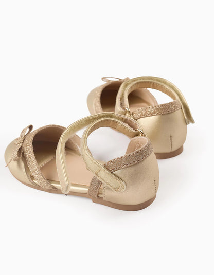 Glitter Ballerina Flats with Bow for Baby Girls, Gold