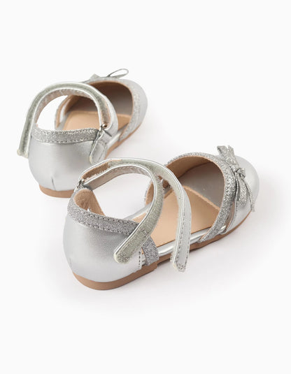 Glitter Ballerina Flats with Bow for Baby Girls, Silver