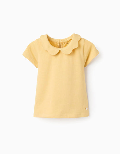 Cotton T-shirt with Wavy Collar for Baby Girls, Yellow