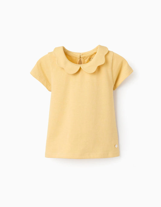 Cotton T-shirt with Wavy Collar for Baby Girls, Yellow