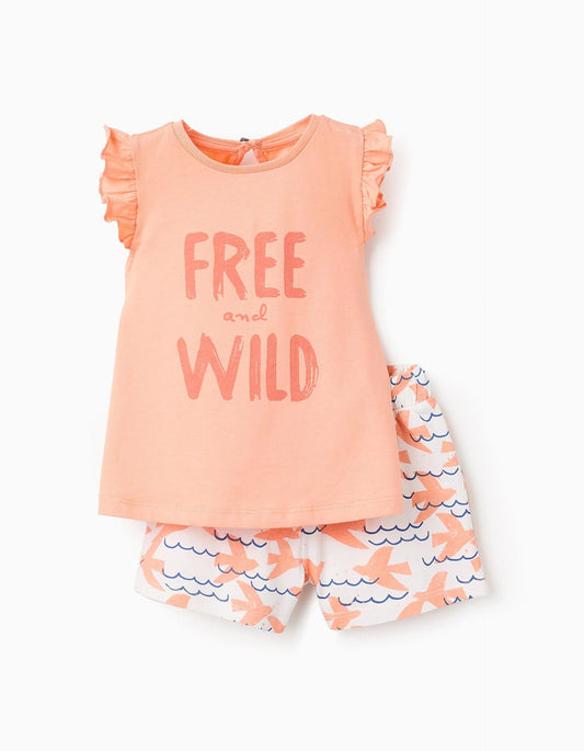 T-shirt + Shorts with Motif for Baby Girls 'Free', Coral/White