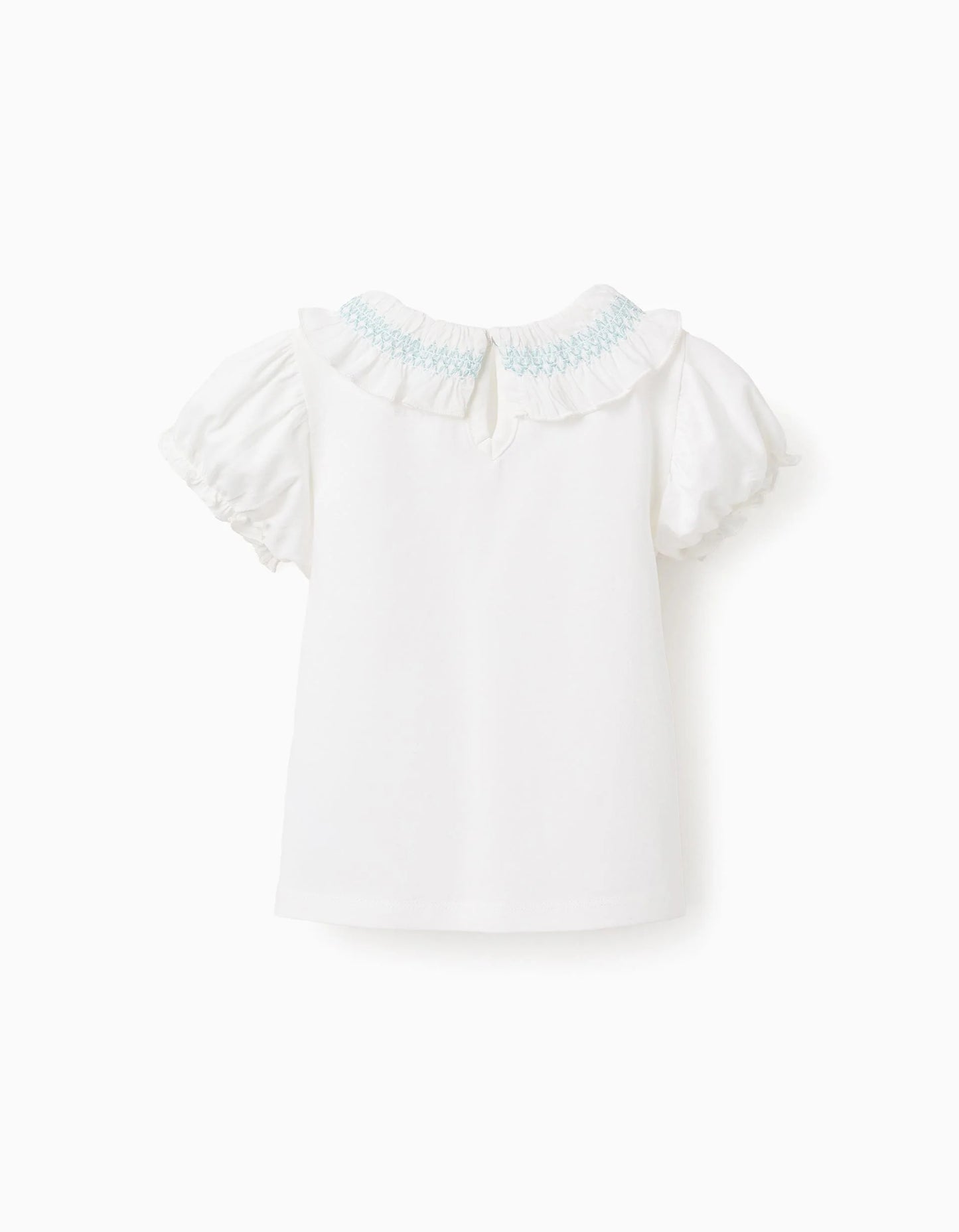 T-shirt with Ruffles and Blue Thread for Baby Girls, White