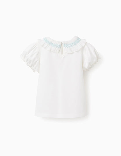 T-shirt with Ruffles and Blue Thread for Baby Girls, White