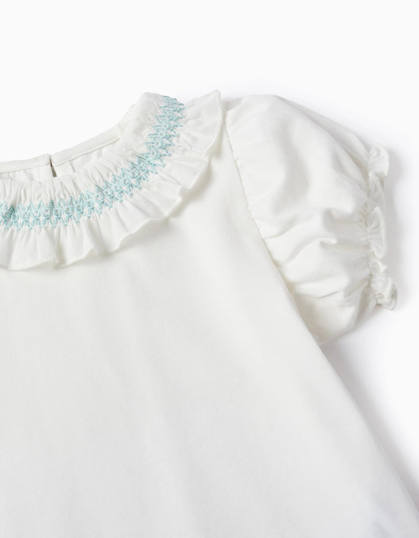 T-shirt with Ruffles and Blue Thread for Baby Girls, White