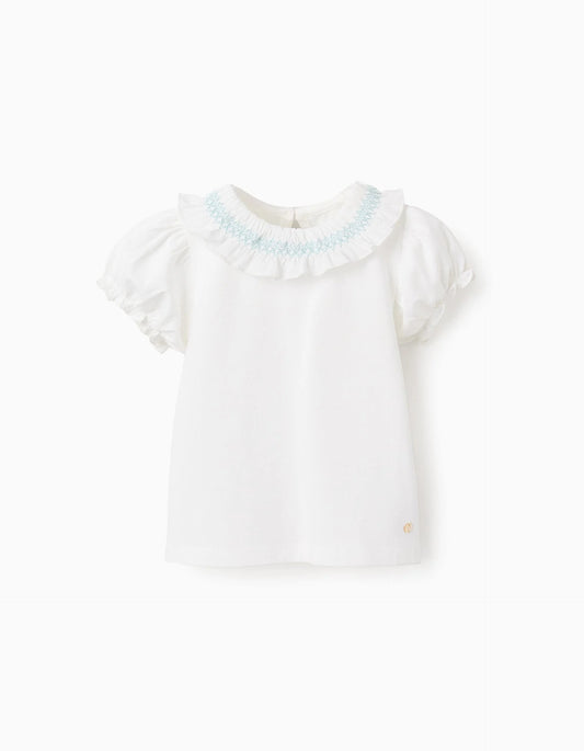 T-shirt with Ruffles and Blue Thread for Baby Girls, White