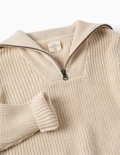 Knitted Jumper with Zip Collar for Boys 'B&S', Beige