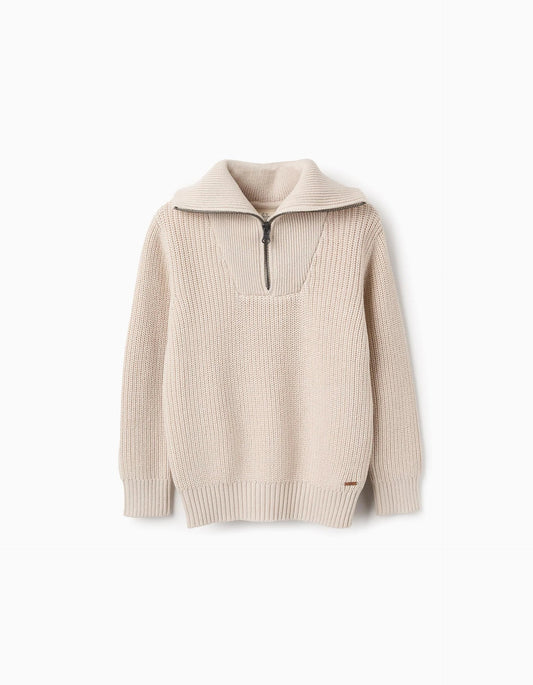 Knitted Jumper with Zip Collar for Boys 'B&S', Beige