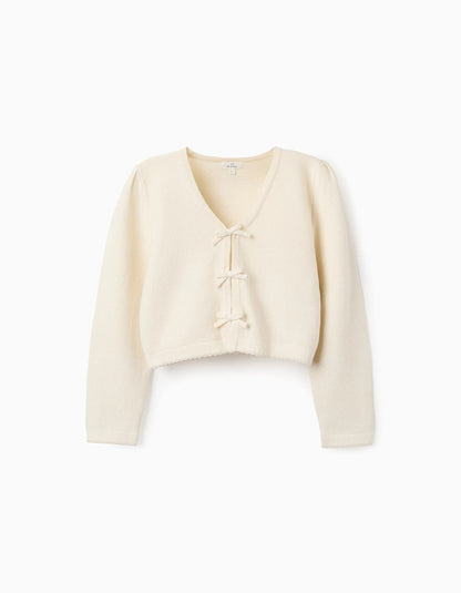 Cotton Cardigan with Bows for Girls, Beige