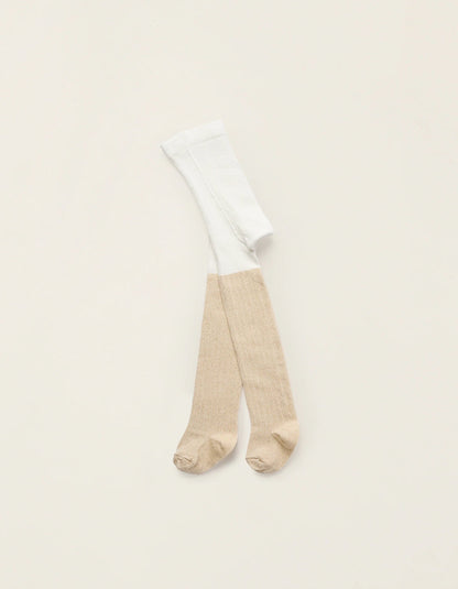 Ribbed Tights with Lurex Threads for Baby Girls, White/Gold