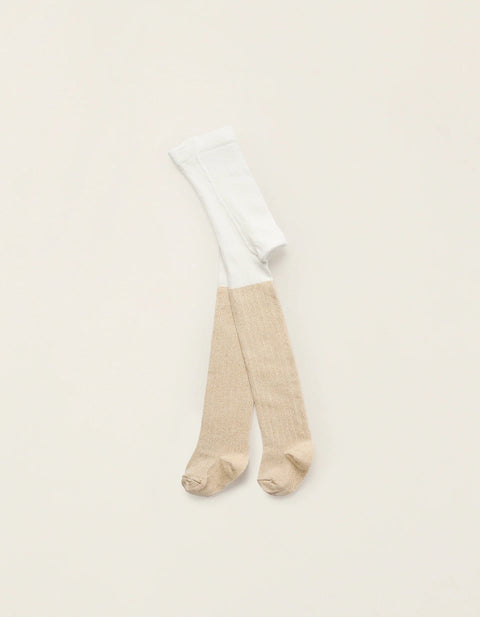 Ribbed Tights with Lurex Threads for Baby Girls, White/Gold