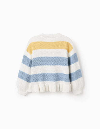 Striped Knit Jumper with Ruffles for Girls, White/Yellow/Blue