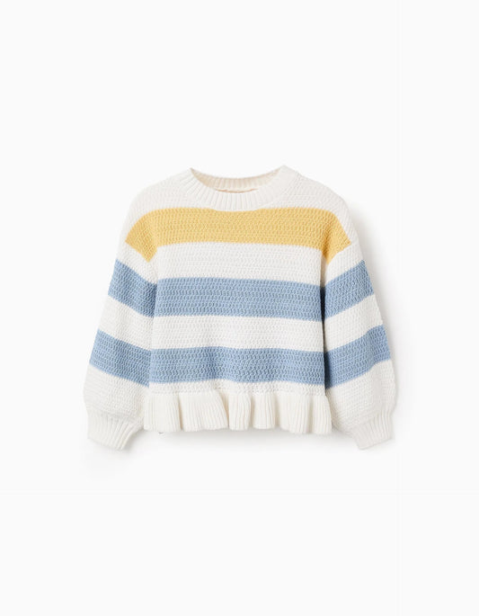 Striped Knit Jumper with Ruffles for Girls, White/Yellow/Blue