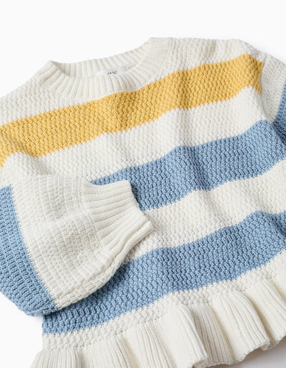 Striped Knit Jumper with Ruffles for Girls, White/Yellow/Blue