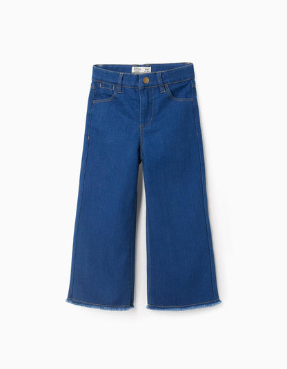 Wide Leg Frayed Denim Trousers for Girls, Blue