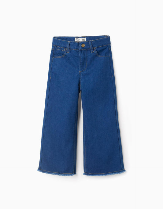 Wide Leg Frayed Denim Trousers for Girls, Blue