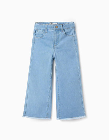 Wide Leg Frayed Denim Trousers for Girls, Light Blue