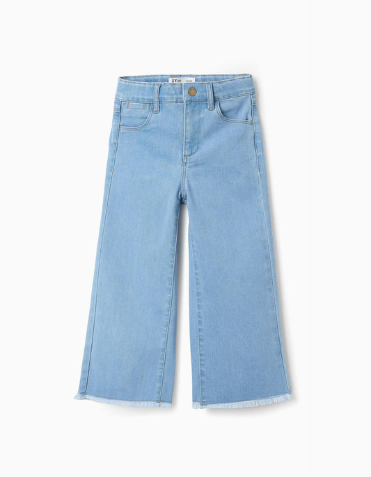 Wide Leg Frayed Denim Trousers for Girls, Light Blue
