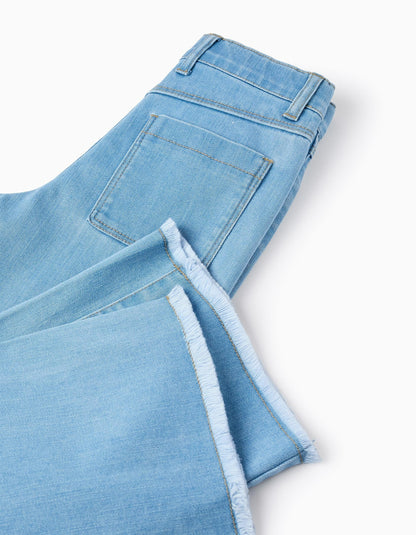 Wide Leg Frayed Denim Trousers for Girls, Light Blue