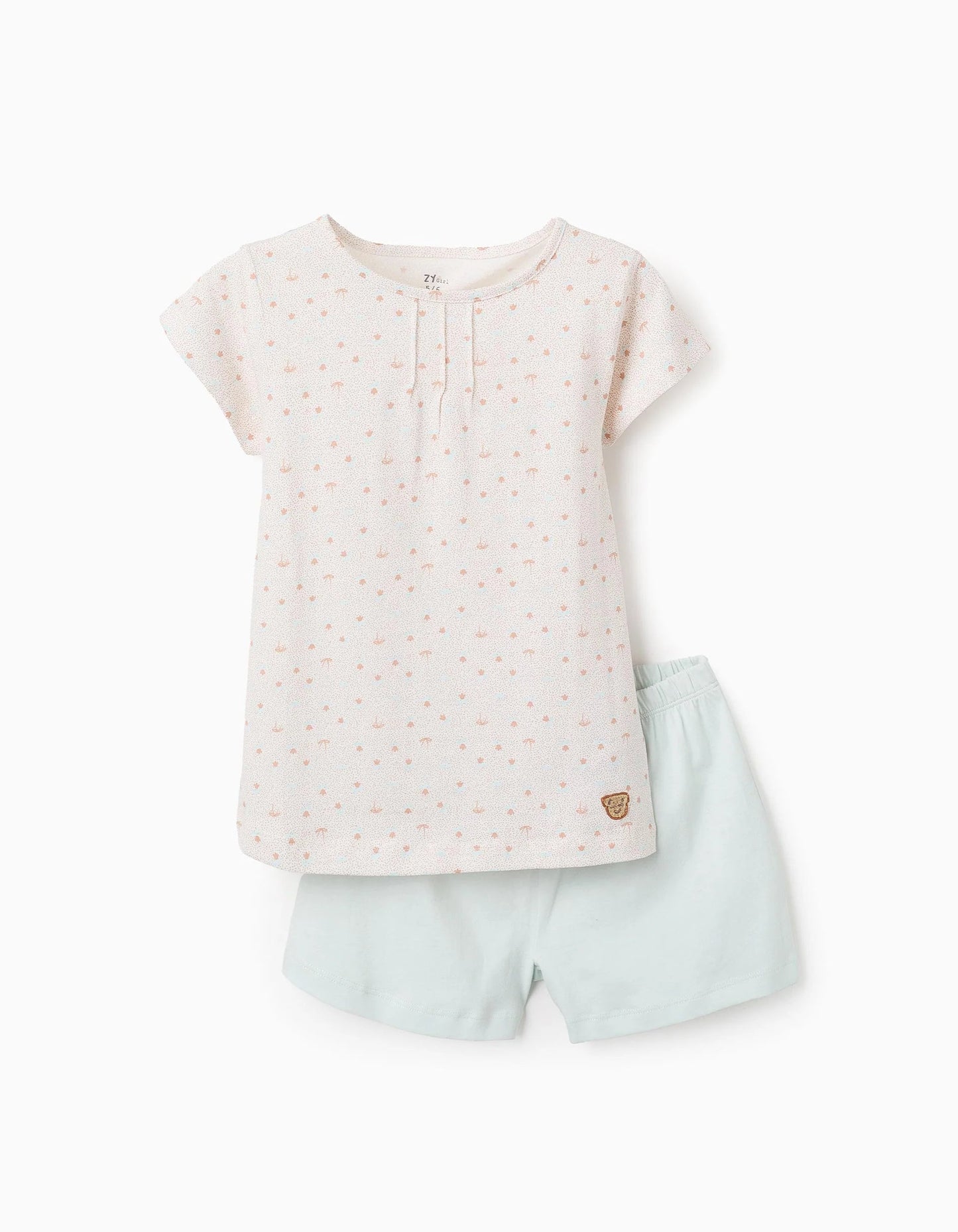Floral Cotton Pyjama Set for Girls, White/Beige/Aqua Green