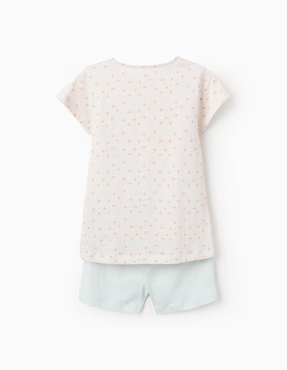 Floral Cotton Pyjama Set for Girls, White/Beige/Aqua Green