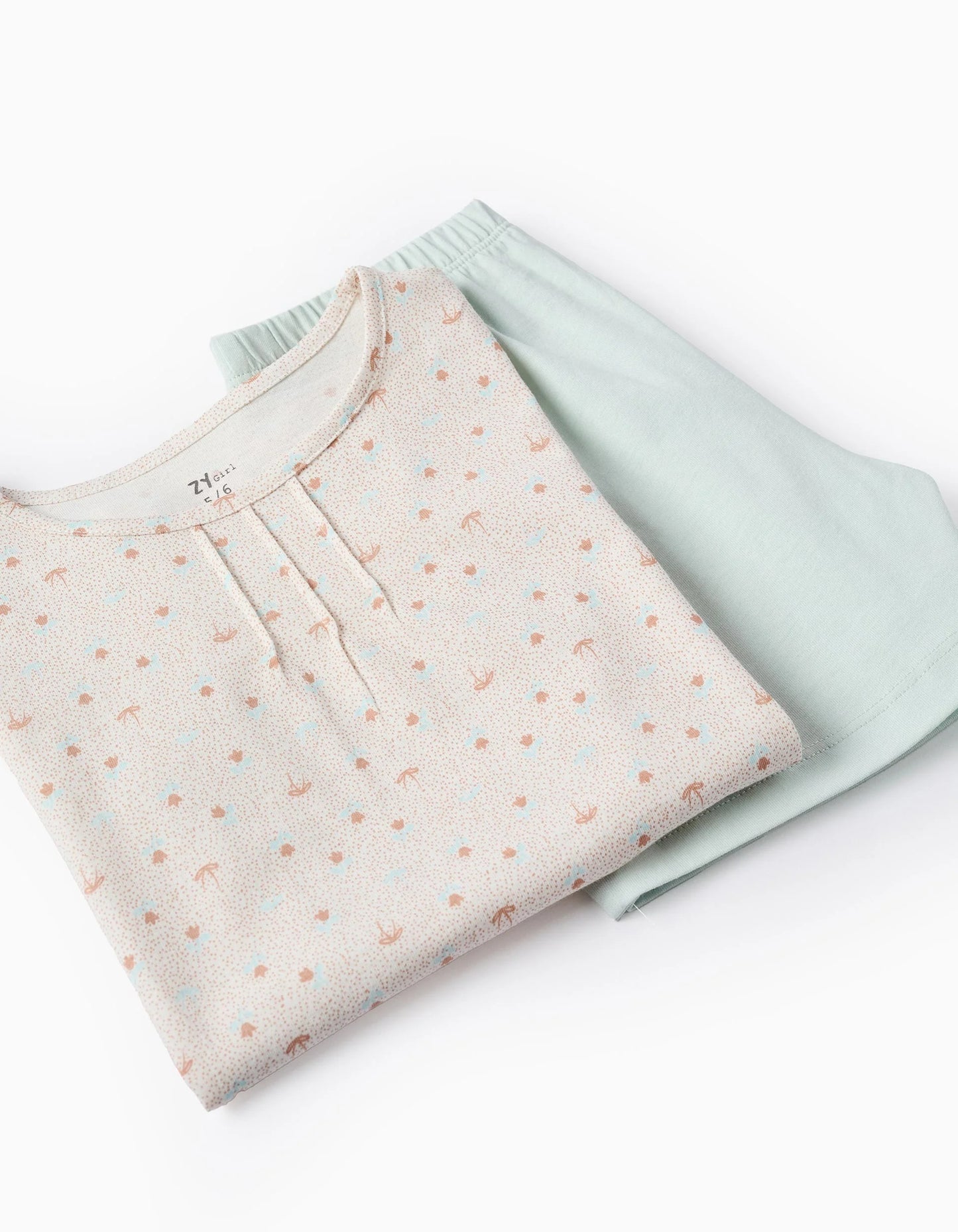 Floral Cotton Pyjama Set for Girls, White/Beige/Aqua Green
