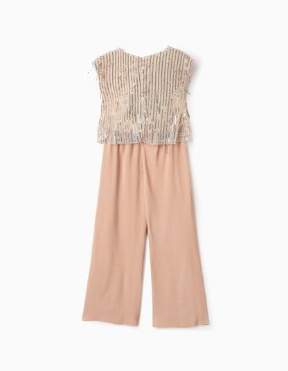 Pleated Jumpsuit with Sequins for Girls, Beige/Gold
