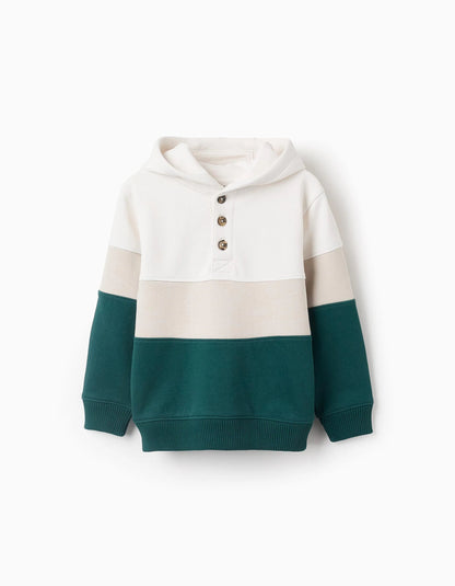 Cotton Hooded Sweatshirt with Colour block for Boys, Green/White/Beige