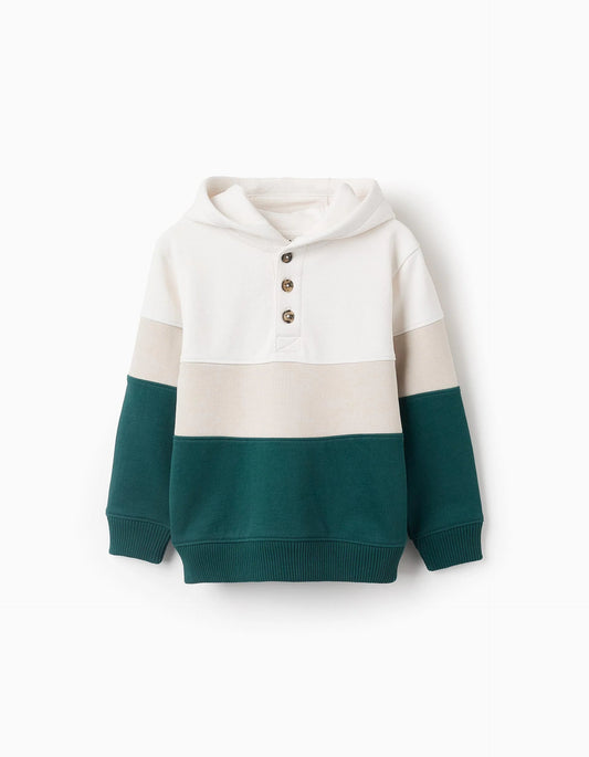 Cotton Hooded Sweatshirt with Colour block for Boys, Green/White/Beige
