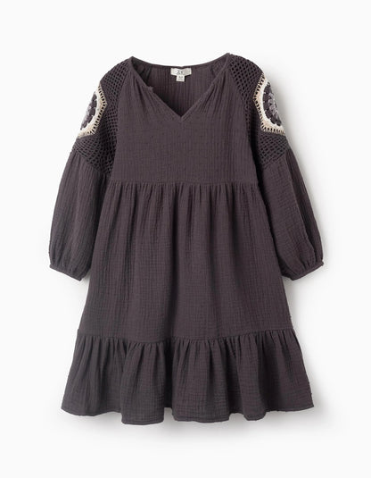 Bambula Dress with Crochet for Girls, Grey