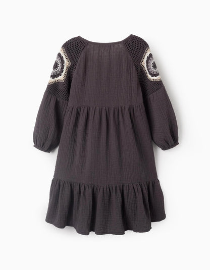 Bambula Dress with Crochet for Girls, Grey