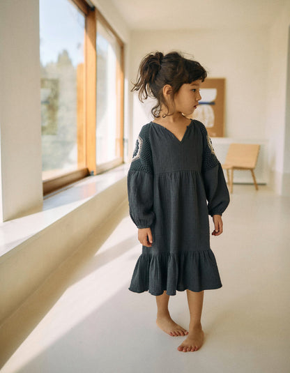 Bambula Dress with Crochet for Girls, Grey