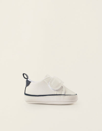 Synthetic Leather Trainers for Newborn Boys, White/Dark Blue