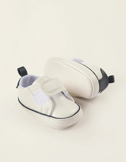 Synthetic Leather Trainers for Newborn Boys, White/Dark Blue