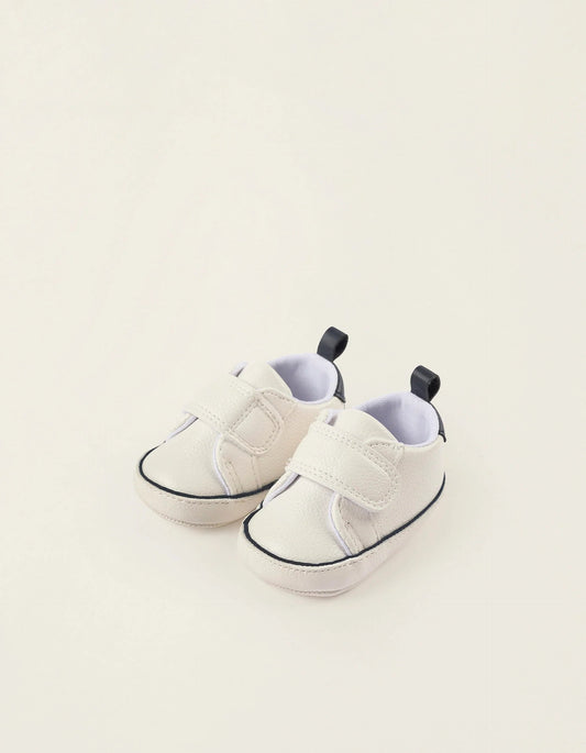 Synthetic Leather Trainers for Newborn Boys, White/Dark Blue