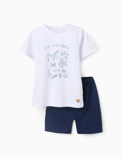 Cotton Pyjama for Boys 'Sea Creatures', White/Blue