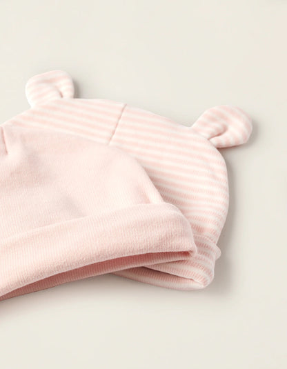 Pack of 2 Ribbed Cotton Beanies for Newborn Girls, Pink/White