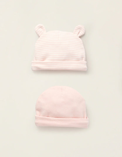 Pack of 2 Ribbed Cotton Beanies for Newborn Girls, Pink/White